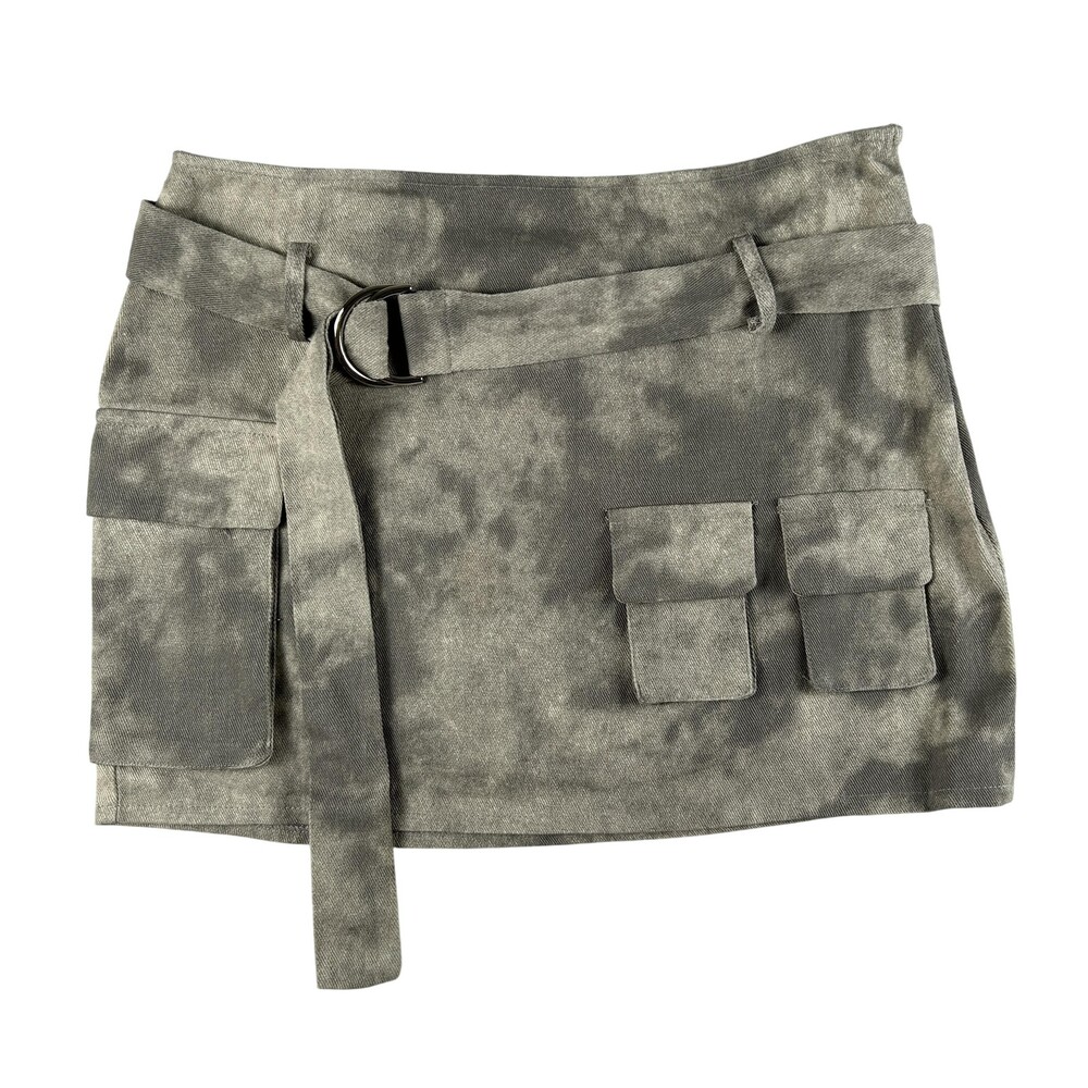 PRETTYLITTLETHING Skirt Womens 8 Gray Denim Cargo Mini Belted Pockets NEW